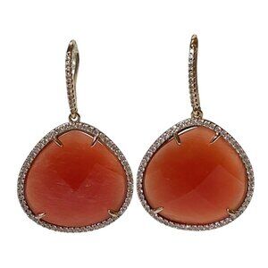 Modernist Faceted Orange Glass & White Rhinestone Teardrop Dangle Earrings
